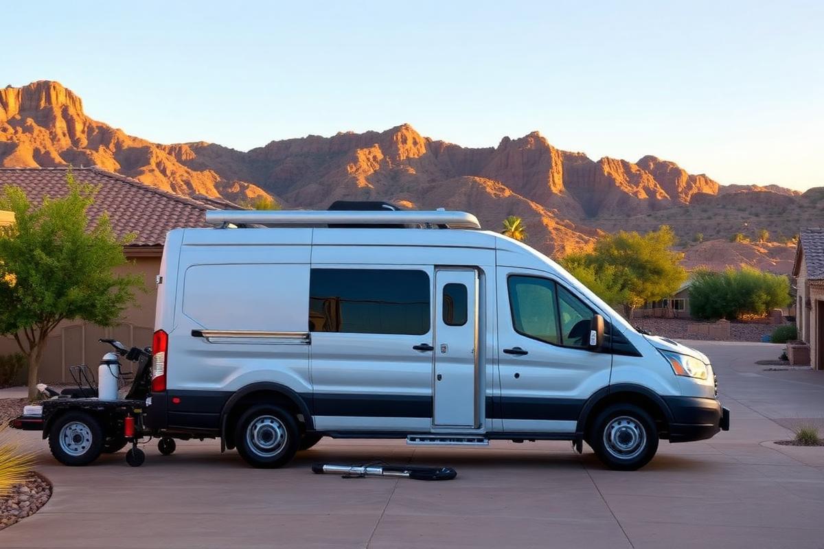Mobile detailing van parked in an Arizona driveway at golden hour