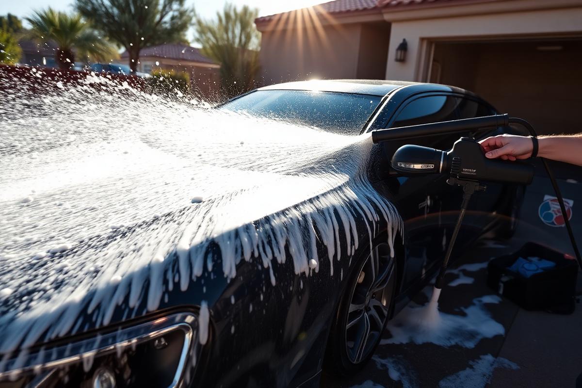 Dark car being foam washed in an Arizona driveway