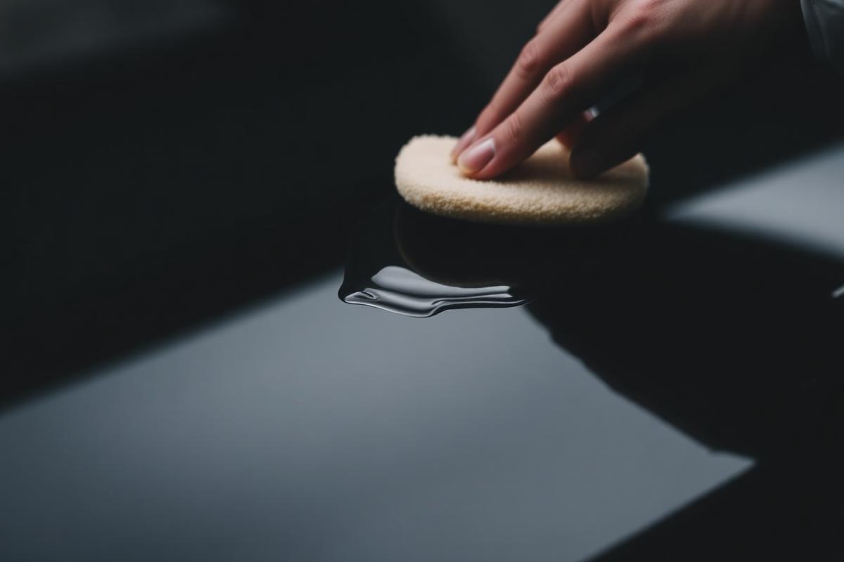 Hand applying wax sealant to a glossy dark car hood