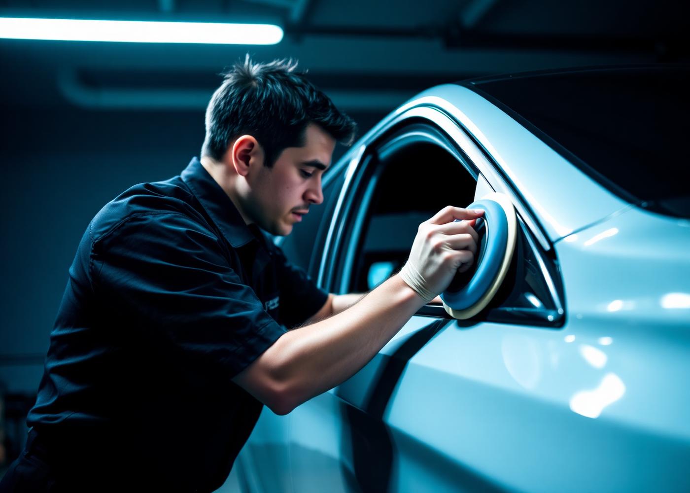 Professional detailer machine polishing a car door panel