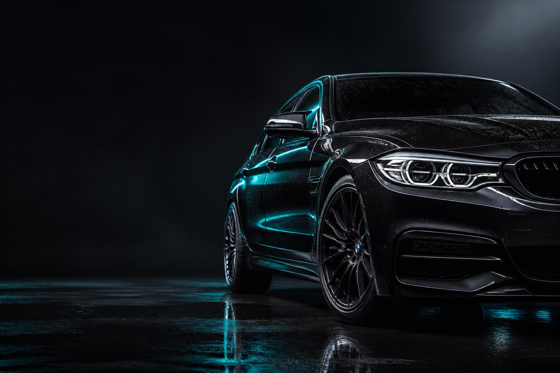 Freshly detailed glossy black car with water beading on the paint